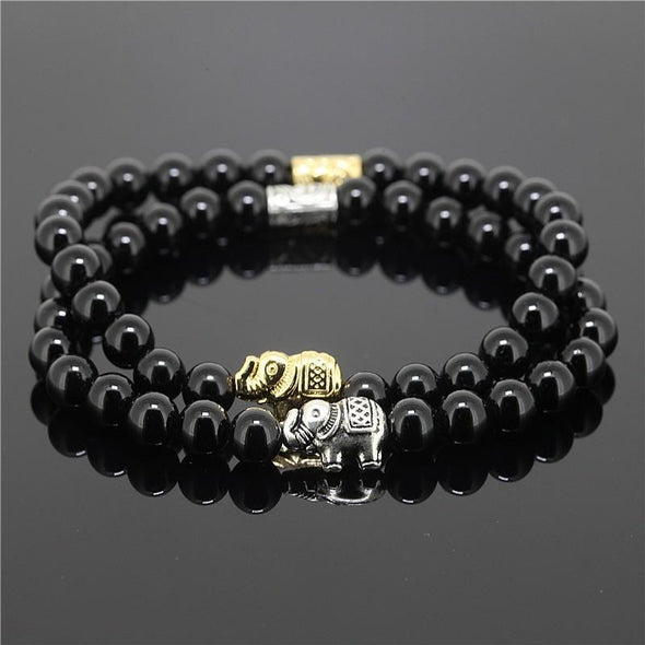 2 Piece Bead Onyx Natural Stone Elephant Bracelet - Black - Jewelry Bracelets Elephants Yoga Gear