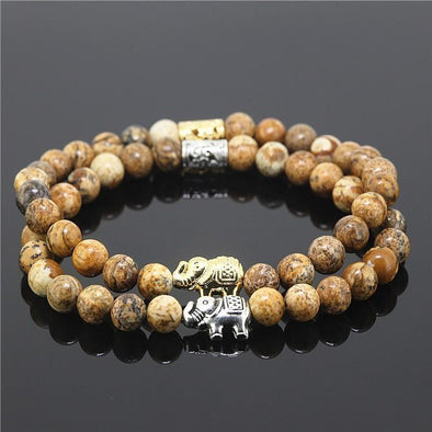 2 Piece Bead Onyx Natural Stone Elephant Bracelet - Tan - Jewelry Bracelets Elephants Yoga Gear