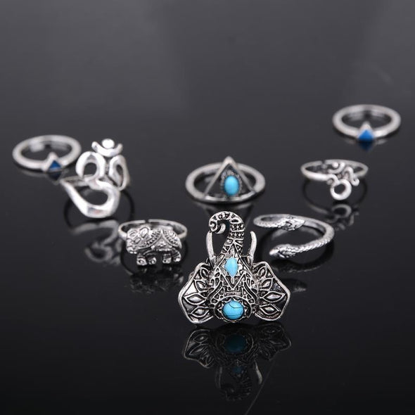 Adjustable 8 Piece Turkish Bohemian Elephant Ring Set - Jewelry bohemian, elephants, rings, turkish, turquoise