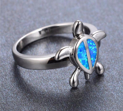 Blue Fire Opal Sterling Silver Turtle Ring - Jewelry opal rings turtles