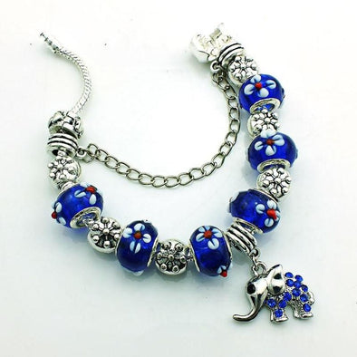 Blue Murano Glass Beads & Elephant Charm Bracelet - 7in / 18cm - Jewelry bracelets elephants italian