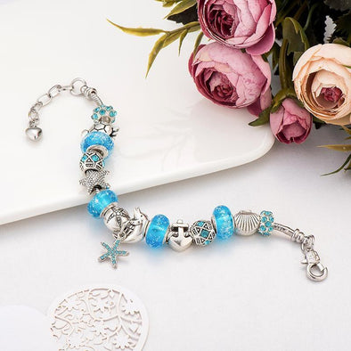 Blue Murano Glass Beads & Silver Turtle Charm Bracelet - Jewelry Bracelets Italian Turtles