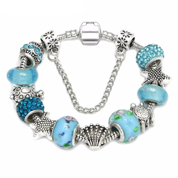 Blue Murano Glass Beads & Star Shell w/Sea Turtle Charm Bracelet - 7in / 18cm - Jewelry bracelets italian turtles