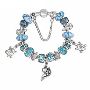 Blue Murano Glass Beads & Starfish w/Turtle Charm Bracelet - 7in / 18cm - Jewelry bracelets italian turtles