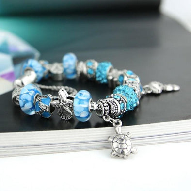 Blue Murano Glass Beads & Starfish w/Turtle Charm Bracelet - Jewelry bracelets italian turtles