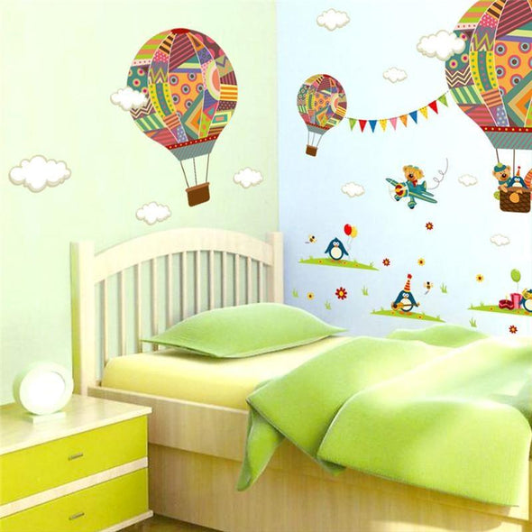 Colorful Hot Air Balloon & Animals Wall Sticker - Wall Art Giraffes Wall Stickers