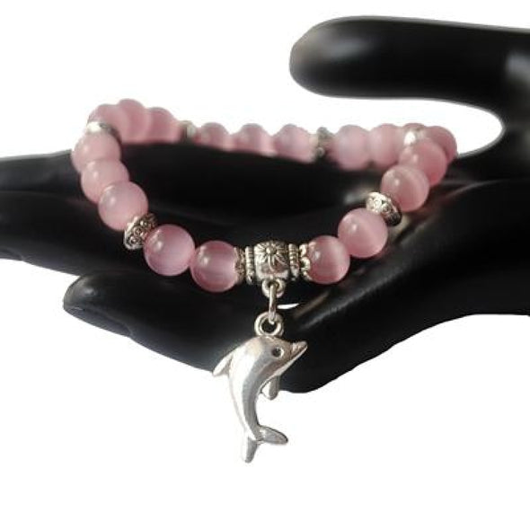 Dolphin Charm & Cat Eye Bead Bracelet - 5 Colors - pink - Jewelry dolphins opal