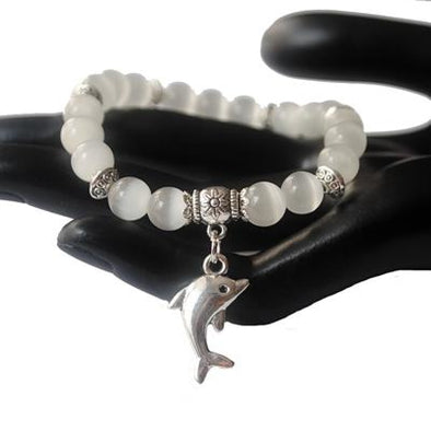 Dolphin Charm & Cat Eye Bead Bracelet - 5 Colors - white - Jewelry dolphins opal