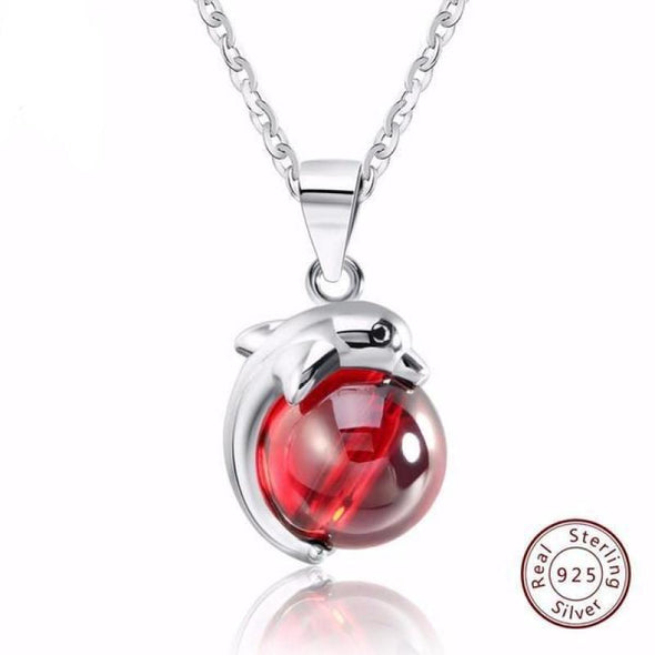 Dolphin Pendant Necklace - Natural Red Stone & 925 Sterling Silver - Jewelry dolphins necklaces sterling silver