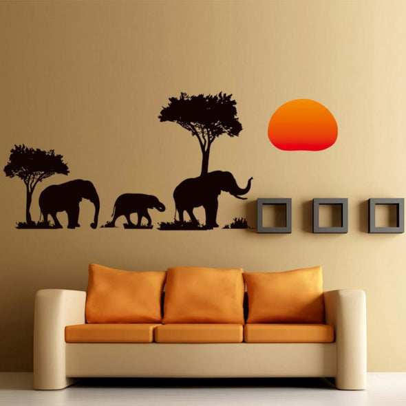 Elephant Jungle & Sunset Wall Sticker - Wall Art Elephants Trees Wall Stickers