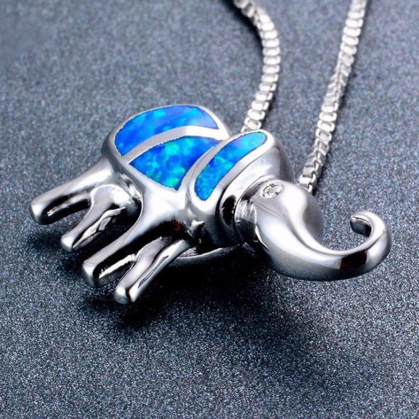 Fire Blue Opal Lucky Elephant Pendant & Necklace - Jewelry elephants necklaces opal