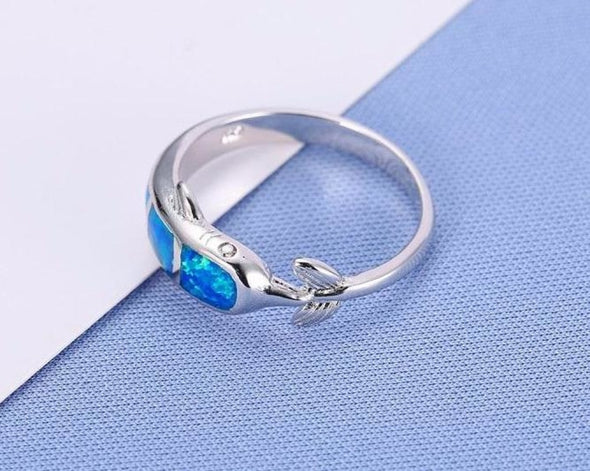 Fire Blue Opal & Sterling Silver Dolphin Ring - Jewelry dolphins opal rings