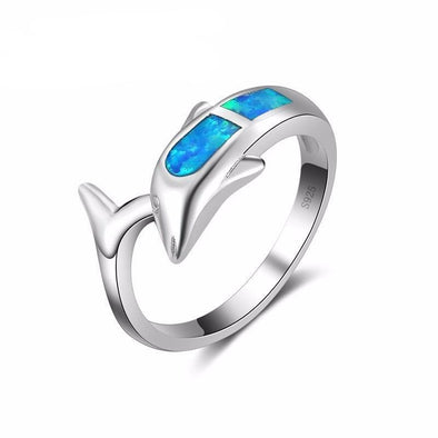 Fire Blue Opal & Sterling Silver Dolphin & Tail Ring - 6 - Jewelry Dolphins Opal Rings