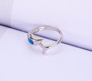 Fire Blue Opal & Sterling Silver Dolphin & Tail Ring - Jewelry Dolphins Opal Rings