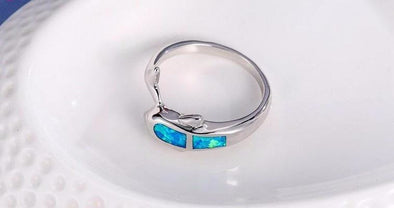 Fire Blue Opal & Sterling Silver Dolphin & Tail Ring - Jewelry Dolphins Opal Rings