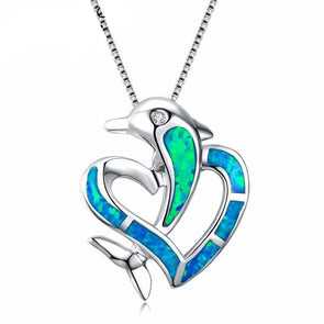 Fire Blue/green Opal & Sterling Silver Dolphin Heart Necklace - Jewelry Dolphins Necklaces Opal