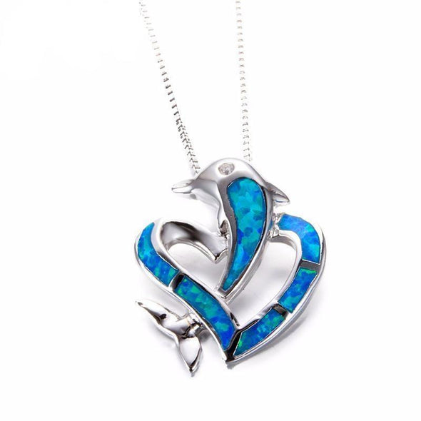 Fire Blue/green Opal & Sterling Silver Dolphin Heart Necklace - Jewelry Dolphins Necklaces Opal