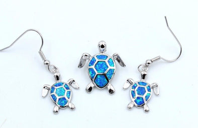 Fire Blue/White/Pink/Green Opal Turtle Pendant & Necklace with Matching Earrings - Blue - Jewelry earrings necklaces opal turtles