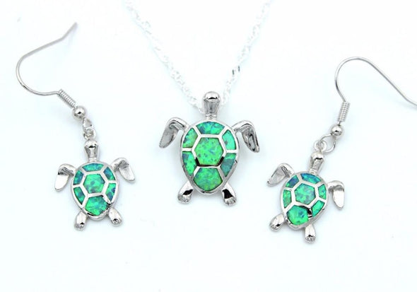 Fire Blue/White/Pink/Green Opal Turtle Pendant & Necklace with Matching Earrings - Green - Jewelry earrings necklaces opal turtles