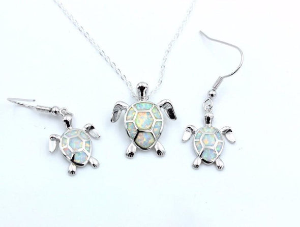 Fire Blue/White/Pink/Green Opal Turtle Pendant & Necklace with Matching Earrings - White - Jewelry earrings necklaces opal turtles