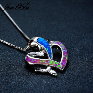Fire Pink/blue/green Opal & Sterling Silver Dolphin Heart Necklace - Jewelry Dolphins Necklaces Opal
