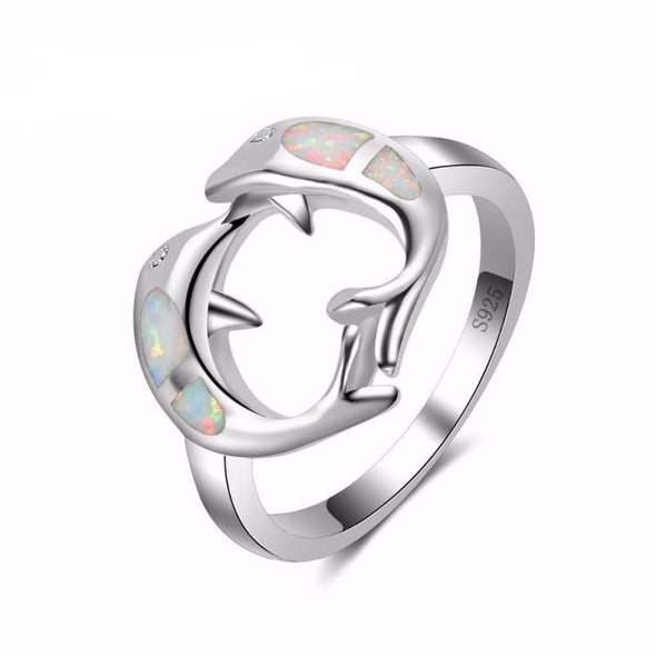 Fire White Opal & Sterling Silver Twin Dolphins Ring - 6 - Jewelry Dolphins Opal Rings