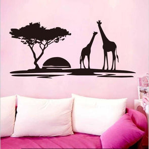 Giraffes Tree & Sunset Wall Sticker - 48x22in / 124cm X 57cm Black - Wall Art giraffes trees wall stickers
