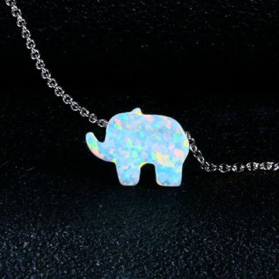 Hand-Carved Fire Blue Opal Elephant Necklace - White - Jewelry elephants, necklaces, opal