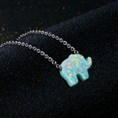 Hand-Carved Fire Blue Opal Elephant Necklace - Yellow - Jewelry elephants, necklaces, opal