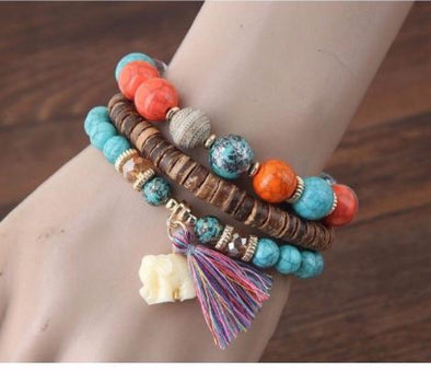 Handmade 3-Piece Bohemian Elephant Tassel & Bead Bracelet - 4 Styles - Jewelry bohemian bracelets elephants yoga gear