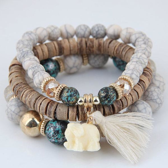 Handmade 3-Piece Bohemian Elephant Tassel & Bead Bracelet - 4 Styles - Light Gray - Jewelry bohemian bracelets elephants yoga gear