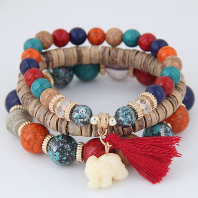 Handmade 3-Piece Bohemian Elephant Tassel & Bead Bracelet - 4 Styles - Multicolor - Jewelry bohemian bracelets elephants yoga gear