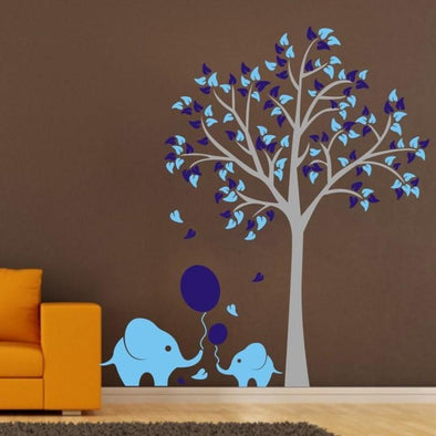 Large Elephant Baby Elephant w/Balloons & Tree Wall Sticker - 74x78in / 190x200cm - Wall Art elephants trees wall stickers