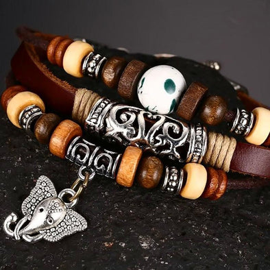 Leather Wood Stone & Metal Elephant Pendant Bracelet - Jewelry Bracelets Elephants