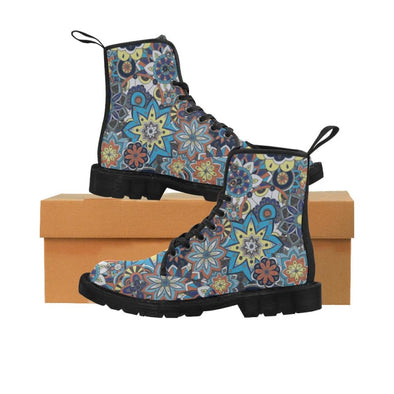 Limited Edition Womens Canvas Ankle Boots - Hand Drawn Mini-Mandalas Patterns - Black & Blue Mini-Mandala / US6.5 - Footwear ankle boots