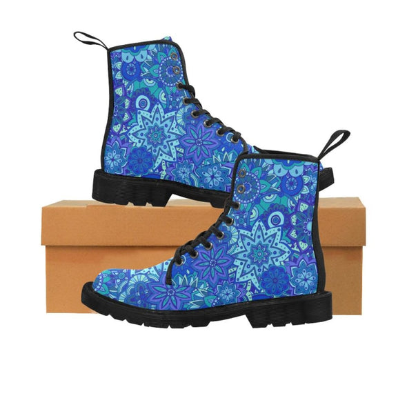 Limited Edition Womens Canvas Ankle Boots - Hand Drawn Mini-Mandalas Patterns - Blue Mini-Mandala / US6.5 - Footwear ankle boots boots