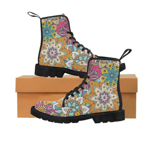 Limited Edition Womens Canvas Ankle Boots - Hand Drawn Mini-Mandalas Patterns - Orange & Purple Mini-Mandala / US6.5 - Footwear ankle boots