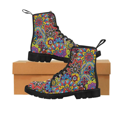 Limited Edition Womens Canvas Ankle Boots - Hand Drawn Mini-Mandalas Patterns - Rainbow Mini-Mandala / US6.5 - Footwear ankle boots boots