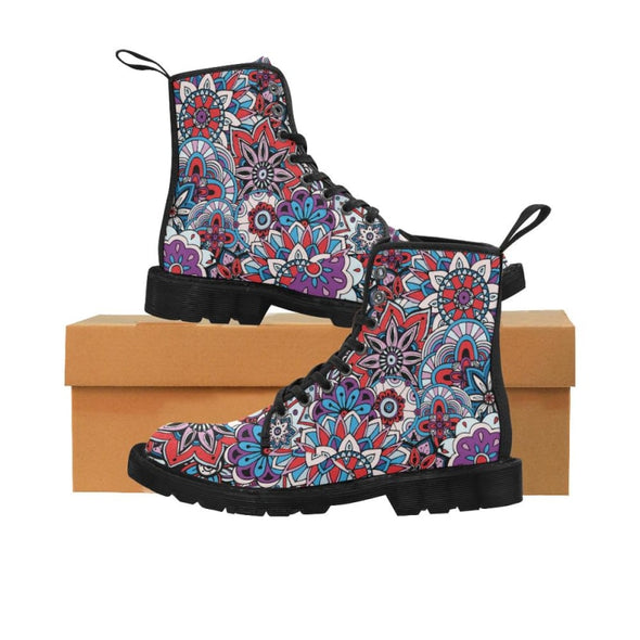 Limited Edition Womens Canvas Ankle Boots - Hand Drawn Mini-Mandalas Patterns - Red & Blue Mini-Mandala / US6.5 - Footwear ankle boots boots