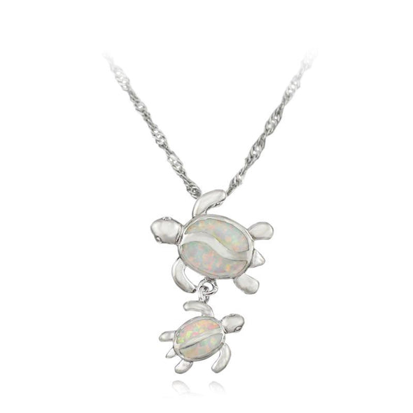 Multi-Color Fire Opal Turtle With Baby Pendant & Necklace - White - Jewelry Necklaces Opal Turtles