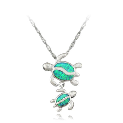 Multi-Color Fire Opal Turtle With Baby Pendant & Necklace - Green - Jewelry Necklaces Opal Turtles