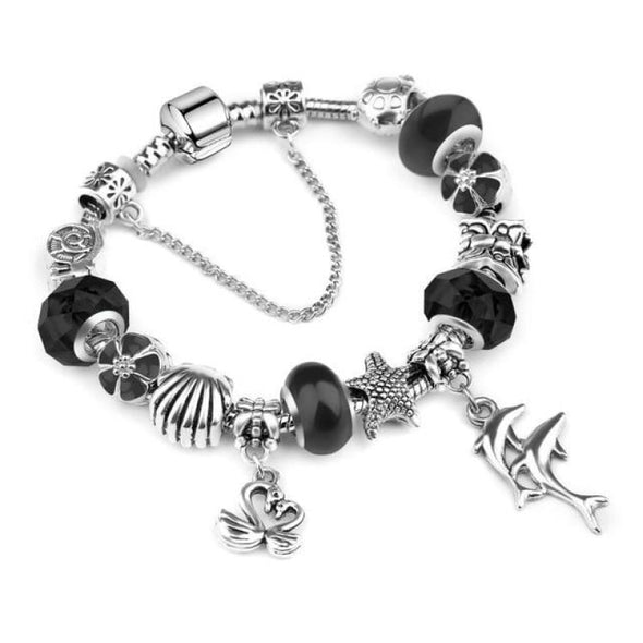 Ocean Dolphin Bracelet - Black Beads / 6.7in / 17cm - Jewelry