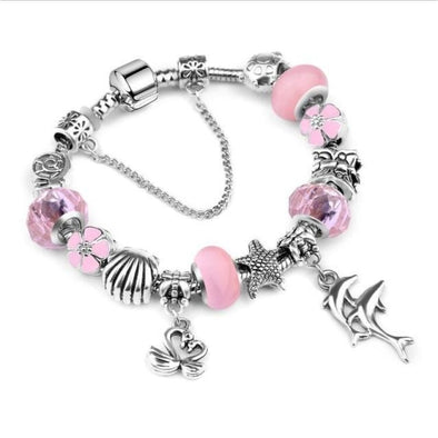 Ocean Dolphin Bracelet - Pink Beads / 6.7in / 17cm - Jewelry
