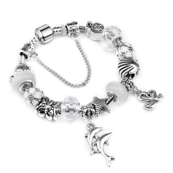 Ocean Dolphin Bracelet - White Beads / 6.7in / 17cm - Jewelry