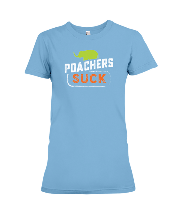 Poachers Suck Statement (Elephants) T-Shirt - Design 1 - Ocean Blue / S - Clothing elephants womens t-shirts