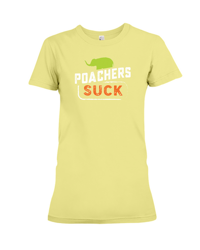 Poachers Suck Statement (Elephants) T-Shirt - Design 1 - Yellow / S - Clothing elephants womens t-shirts
