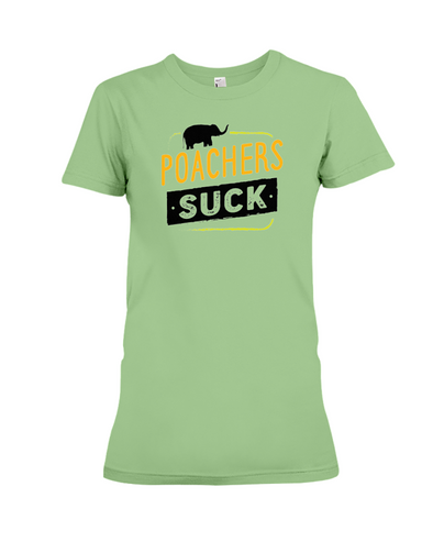 Poachers Suck Statement (Elephants) T-Shirt - Design 2 - Heather Green / S - Clothing elephants womens t-shirts