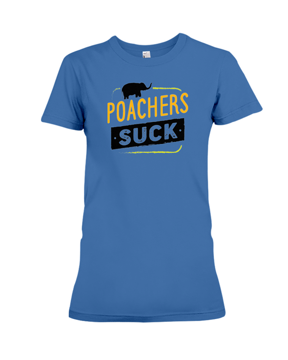 Poachers Suck Statement (Elephants) T-Shirt - Design 2 - Hthr True Royal / S - Clothing elephants womens t-shirts