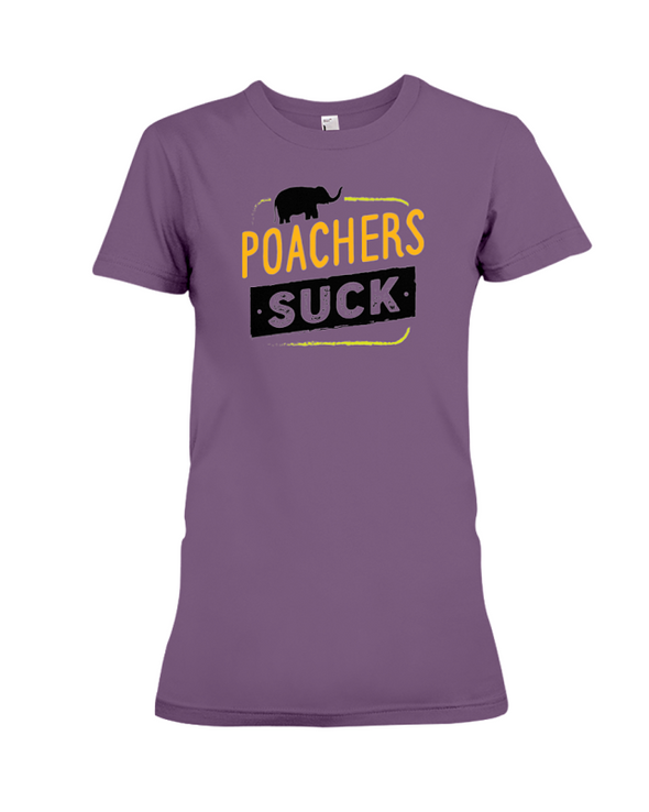 Poachers Suck Statement (Elephants) T-Shirt - Design 2 - Team Purple / S - Clothing elephants womens t-shirts