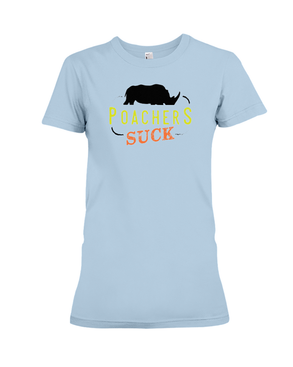 Poachers Suck Statement (Rhinos) T-Shirt - Design 1 - Baby Blue / S - Clothing rhinos womens t-shirts